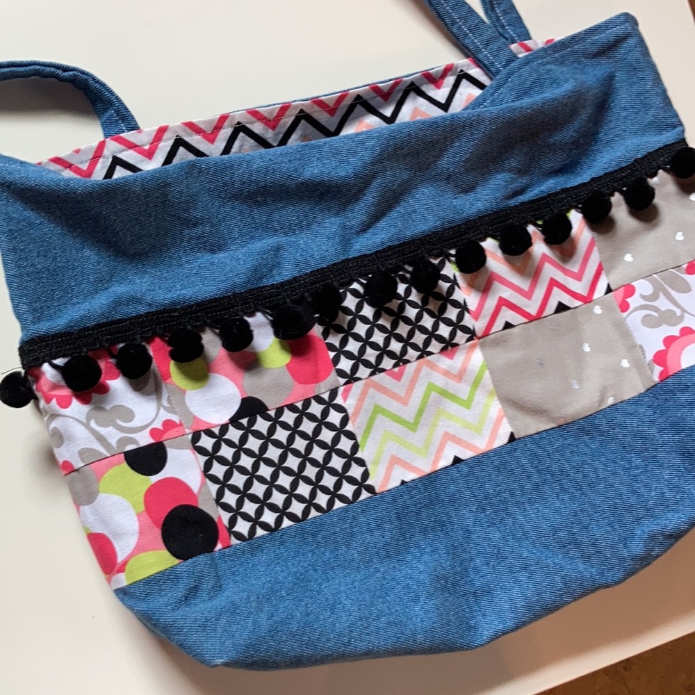 Multi Colored Shoulder Tote Bag Blue Denim Quilted